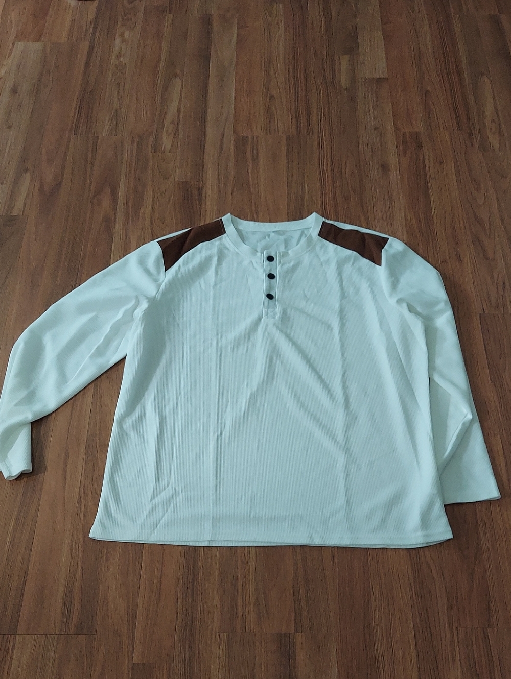 Men's White Long-Sleeve Henley with Brown Shoulder Accents